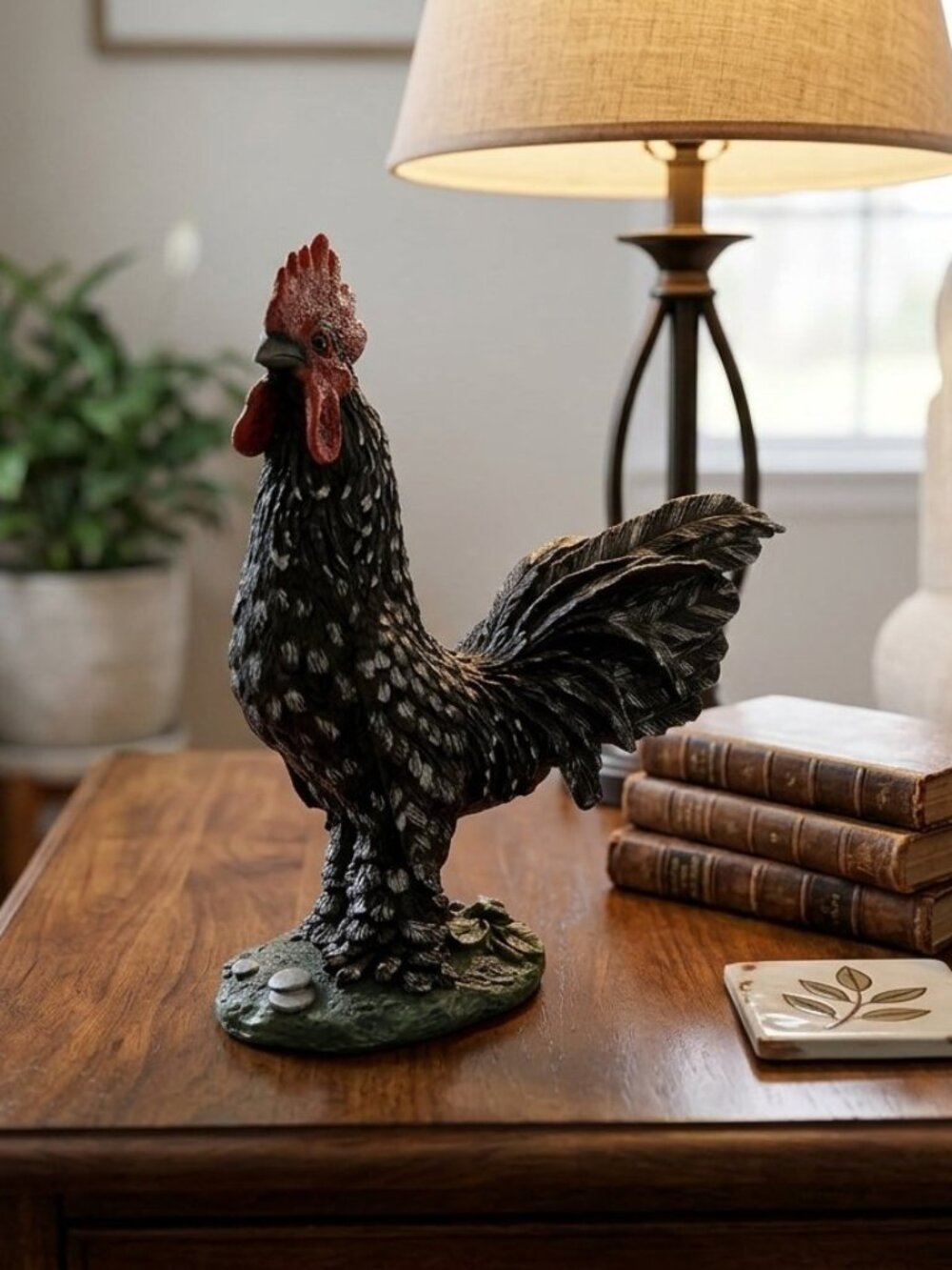 Vintage Country Farmhouse Resin Rooster Figurine – Black & White Speckled Chicke